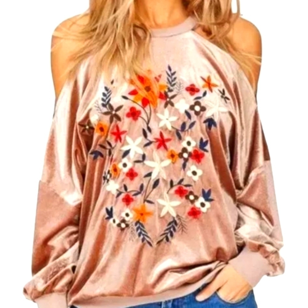 Listicle Floral Med Embroidered crushed velvet oversized top cold Shoulder